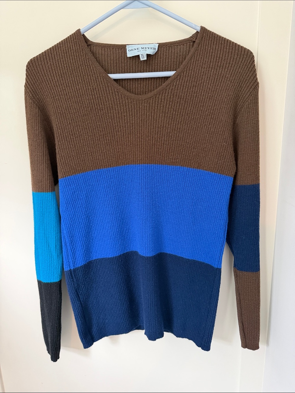 Vintage Gene Meyer Brown and Blue Colorblock V-Neck Sweater